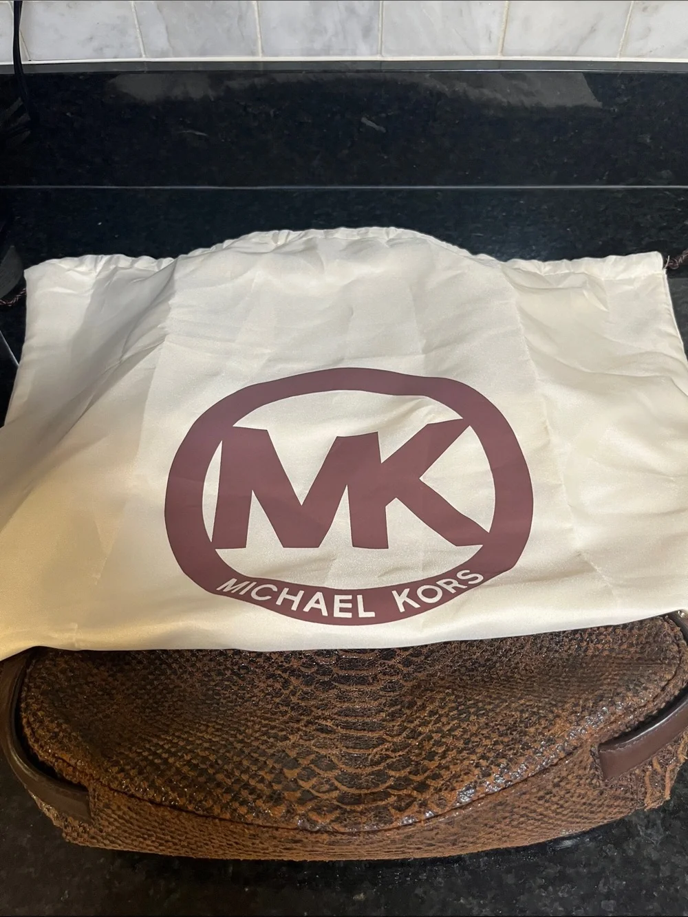 Michael Kors Brown Snakeskin-Texture Shoulder Hobo Bag